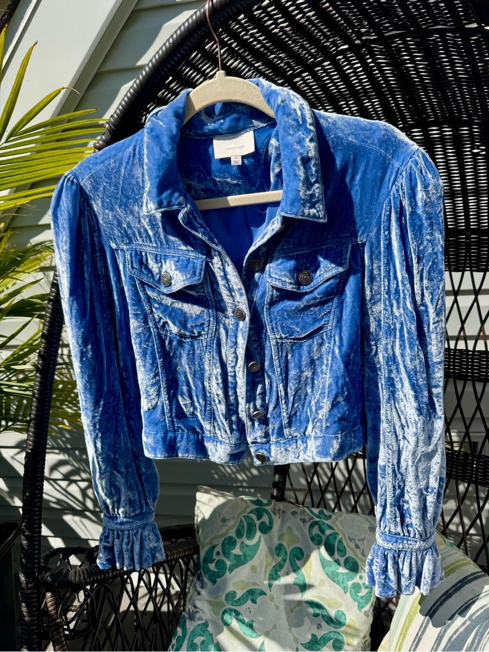Crushed Velvet Royal Blue Cropped Jean Jacket - Women's